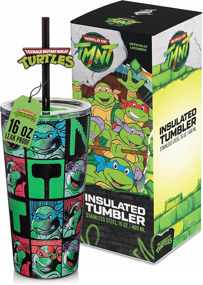 Dragon Glassware x Teenage Mutant Ninja Turtles Insulated Tumbler, 16 oz | Vacuum Insulated Stainless Steel Tumbler with Straw & Lid; Double Walled TMNT Tumbler with Straw Topper; Ninja Turtle Cup by DragonGlassware