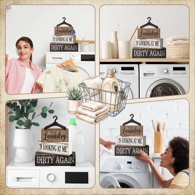 Moucuny 4 Pcs Farmhouse Laundry Room Decor and Accessories Stacked Blocks The Laundry Is Looking at Me Dirty Again Wooden Signs with Vintage Hanger - Rustic Farmhouse Sign for Home Bathroom Shelf Gift - Image 5