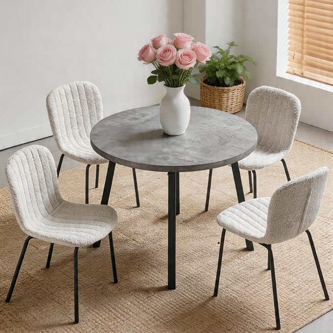 5-Pieces 37.4" Round Dining Table Set for 4,Mid Century Modern Small Coffee Table, Engineered Wood Table and Chairs Set of 4 for Kitchen, Dining Room, Office(1 Table + 4 White Boucle Chairs) - Image 2