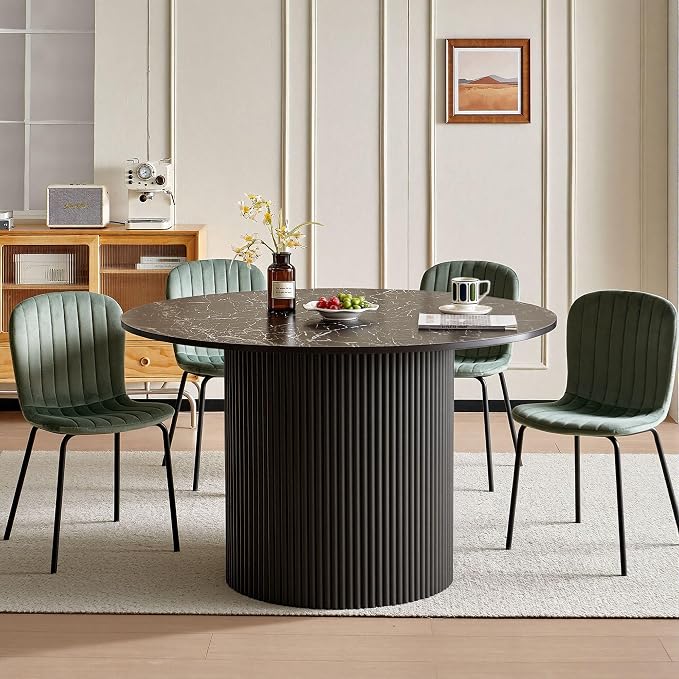 Dining Table Set for 4, 47 Inch Mid Century Modern Faux Marble Round Kitchen Table and Chairs, Space-Saving Small Dinette Set (Black Table+4 Green Chairs) by SQPFTW