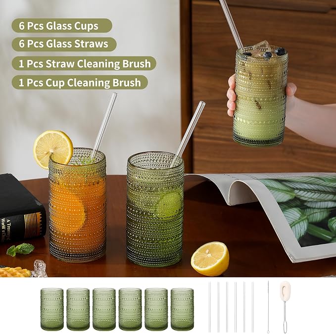 Vintage Glassware Drinking Glasses Set of 6,16oz Hobnail Glass Cups,Embossed Green Water Tumbler,for Cocktail, Juice, Whiskey, Milk and Various Mixed Drinks - Image 5