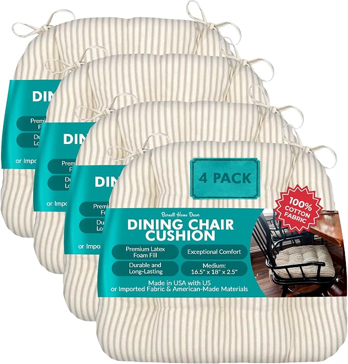 Barnett Home Decor Dining Chair Cushions with Ties, 16.5 x 18 Inches, Pack of 4 – Machine Washable, Made in USA with 100% Cotton and Latex Foam Fill for Comfortable Seating – Ticking Stripe Natural by BarnettHomeDecor