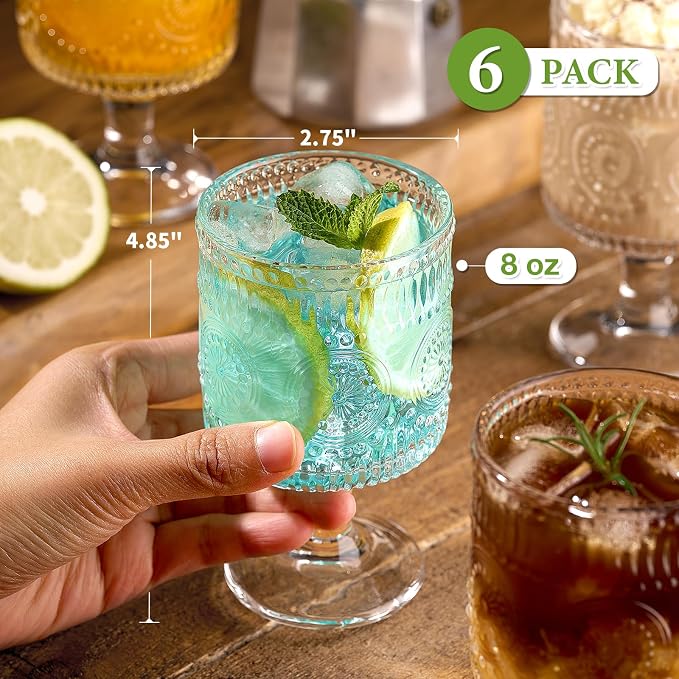 6 Packs Vintage Goblet Glasses, 8 oz Wine Glasses, Embossed Floral Glass Cups Set, Clear Drink Glasses, Drinking Goblets, Bar Tumbler Glassware for Iced Tea, Wine, Beer, Juice, Cocktail, Whiskey - Image 6