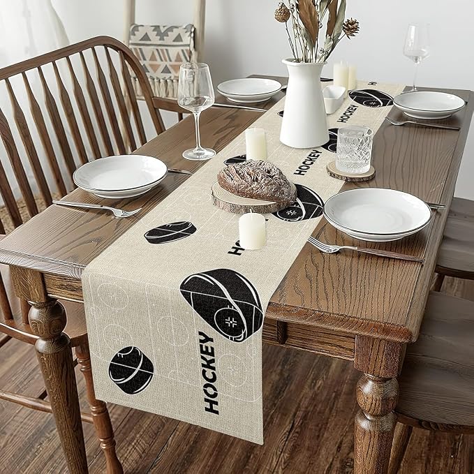 Feelyou Ice Hockey Table Runner 120x13 InchKids Ice Sports Games Indoor Outdoor Party Supply for Boys Teens Puck Hockey Home Kitchen Dining Decor Winter Sports Beige Home Decor - Image 2