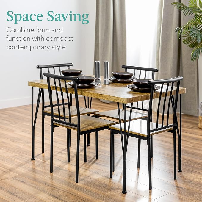 Best Choice Products 5-Piece Metal and Wood Indoor Modern Rectangular Dining Table Furniture Set for Kitchen, Dining Room, Dinette, Breakfast Nook w/ 4 Chairs - Brown - Image 2