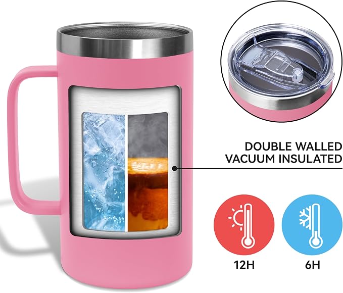 DOMICARE 24oz Mug with Handle and Lid, Stainless Steel Coffee Mug, Travel Mug with Handle, Double Wall Vacuum Coffee Tumbler, Reusable Insulated Cup, Pink, Pack 4 - Image 3