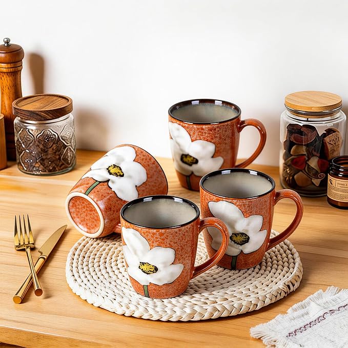12oz Coffee Mugs Set of 4, Hand-Painted Floral Stoneware Cups with Handle, Dishwasher Microwave Oven Safe, Cappuccino Mugs for Latte, Tea, Espresso & Hot Cocoa, for Home Kitchen & Cafe, Pink - Image 2