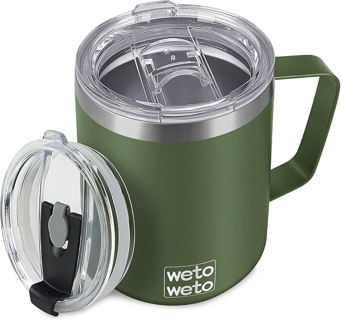 WETOWETO Coffee Mug with Handle, 14oz Insulated Stainless Steel Reusable Coffee Cup, Double Wall Coffee Travel Mug, Powder Coated Olive Green by Wetoweto