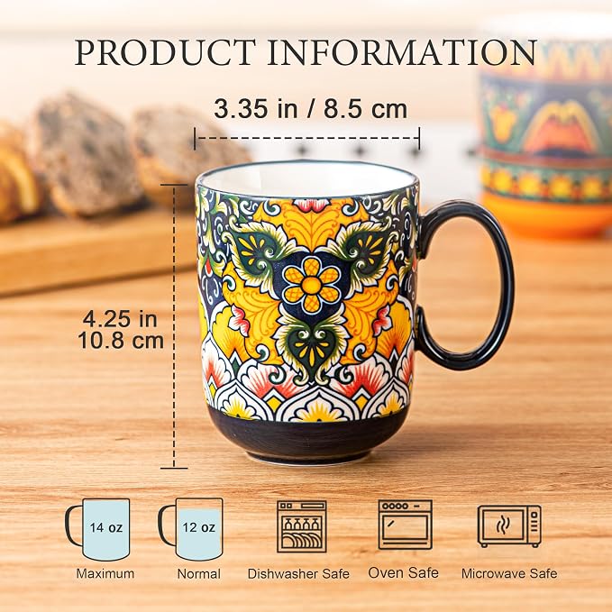 Henten Home Ceamic Coffee Mug Set of 6, 14 oz Colorful Latte Cup with Handle, Boho Floral Mug for Hot Cocoa, Milk, Tea, Chocolate, Microwave & Dishwasher Safe - Image 2