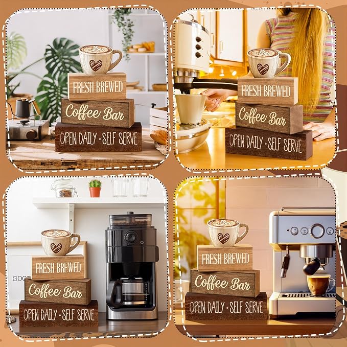 Moucuny 4 Pcs Farmhouse Coffee Bar Signs Decor Wooden Cup Rise & Shine It's Coffee Time Rustic Wood Cafe Sign Gift for Home Kitchen Tabletop Decor - Image 5