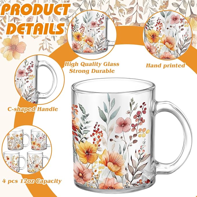 Tioncy 4 Pcs Fall Floral Coffee Mugs 12 oz Flower Glass Cups with Handle Thanksgiving Floral Coffee Cup Autumn Mug Sweet Fall Gifts Drinking Containers for Harvest Holiday Party (Wildflower) - Image 3