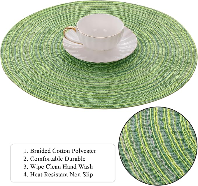 SHACOS Round Placemats Set of 4 Round Table Placemats Braided Cotton Place Mats 15 inch for Kitchen Dining Table Holiday Party (Mixed Color Pea Green, 4) - Image 4