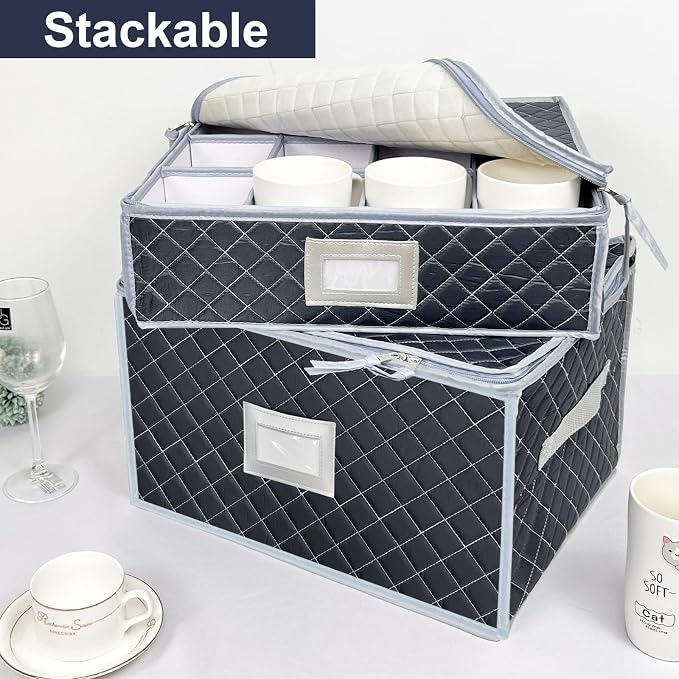 Wine Glass and Mug Storage Box with Dividers - 2 Pack China Storage Containers Set Holds 24 Glassware , Stemware，Coffee Mug and Tea Cup, Organizer Bin with Sturdy Metal Zipper,Label and Handles (Grey) - Image 4