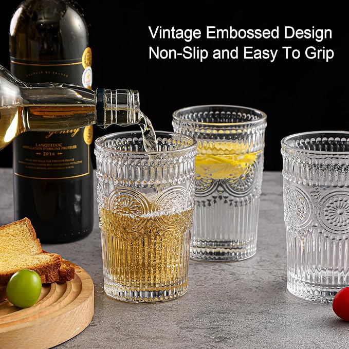 ZMOWIPDL Drinking Glasses Set of 6,13oz Flower Design Clear Glass Cups | Vintage Glassware,Textured Tumblers,Embossed Striped Drinkware for Water,Cocktails,Juice,Iced Coffee - Image 6