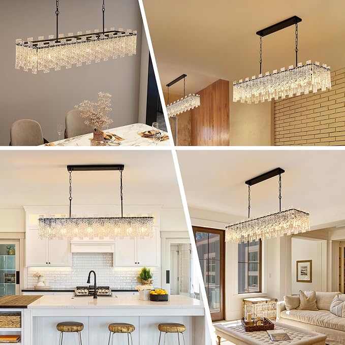 Modern Rectangular Crystal Chandelier, L47 inch Black Rectangle Water Ripple Glass Chandeliers Lighting, 8 Lights Linear Pendant Light Fixture for Kitchen Island, Living Room, Adjustable Hight - Image 9