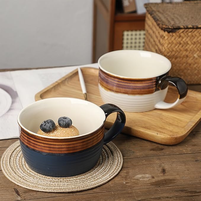 Disoza Oversized Coffee Mug 24 OZ Soup Mug Large Porcelain Soup Bowls with Handles White & Brown XXL Cereal 700 ML Ceramic Large Coffee Tea Cup - Image 3