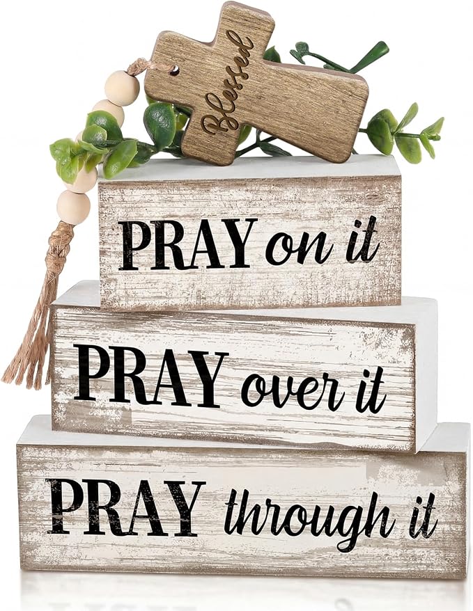 Moucuny 4 Pcs Christian Table Decor Wooden Cross Wooden Bible Verse Sign Inspirational Religious Christian Centerpiece Pray Block Signs Farmhouse Table Decoration for Mother's Day by Moucuny