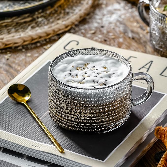 Gezzeny Vintage Glass Coffee Mugs 14 Oz Set of 2 Gray Embossed Tea Cups for Cappuccino, Latte,Cereal, Yogurt, Beverage Hot/Cold Mother's Father's Day Gifts - Image 2