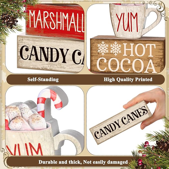 Moucuny 4 Pcs Wooden Christmas Tabletop Decor Hot Cocoa Tiered Tray Decor Rustic Wood Hot Cocoa Block Sign Gift Merry Christmas Centerpiece Farmhouse Winter Table Decoration - Image 5