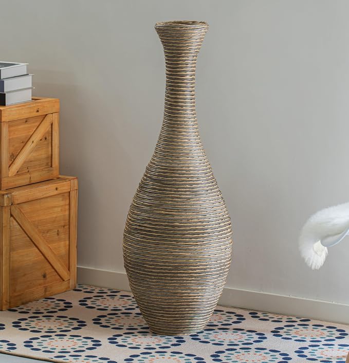 Set of 2 38-inch Tall Artificial Rattan Floor Vase in Elegant Beige - Statement Piece for Living Room Decor, Entryway, or Hallway - Versatile Home Accen - Image 4