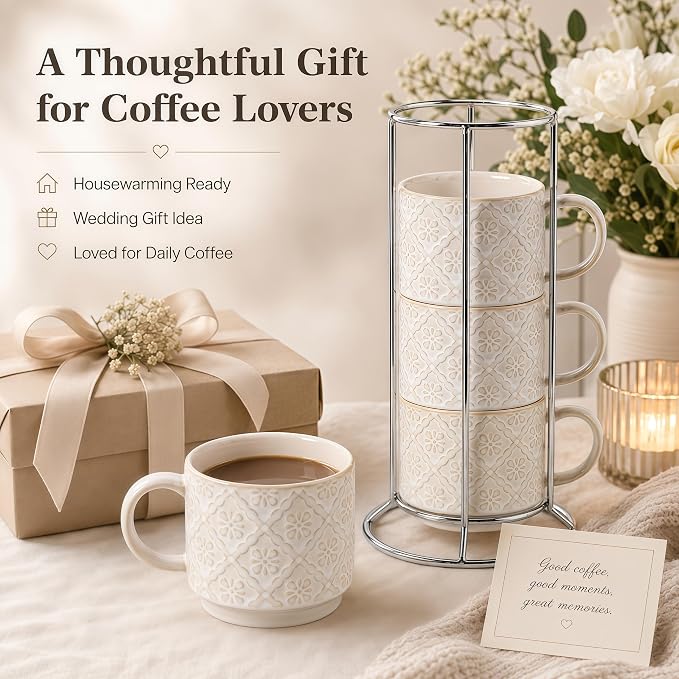 6 Oz Coffee Mugs with Stand, Stackable Coffee Cups Set of 4, Ceramic Espresso Cups, Embossed Cappuccino Cups for Latte, Cocoa, Mocha, Tea, Housewarming Wedding Present, Dishwasher Safe - Image 8