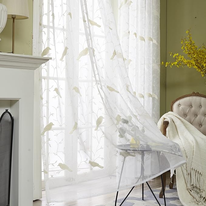Rod Pocket Sheer Curtains Elegant Embroidered Bird Design White Window Drapes/Panels for Living Room, 54 x 84,Two Panels by VOGOL