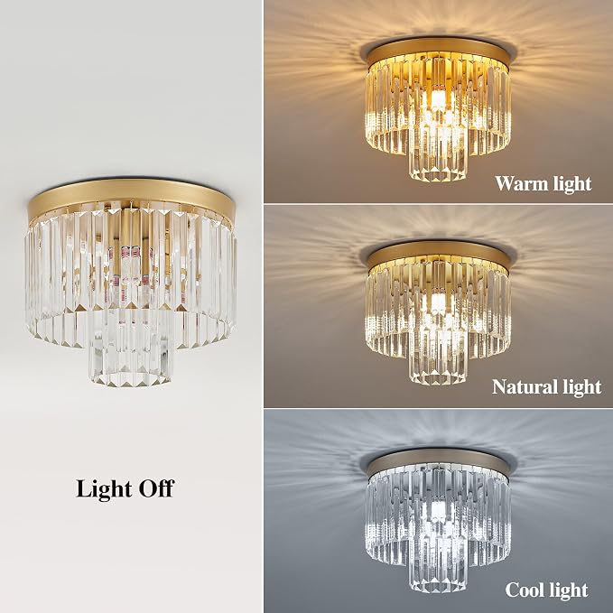 12.6" 4 Light Gold Crystal Ceiling Light for Dining Room | K9 Crystal, Stainless Steel, 2 Tier, E12 Base, Flush Mount, for Kitchen Island Living Room Bedroom Entryway - Image 3