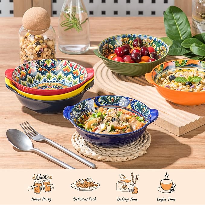 Henten Home Ceramic Soup Bowls Set, 14 oz Cereal Bowl Set of 6, Small Dessert Bowls with Handle, Boho Serving Bowls Set for Kitchen, Snack, Salad, Microwave & Dishwasher Safe - Image 6