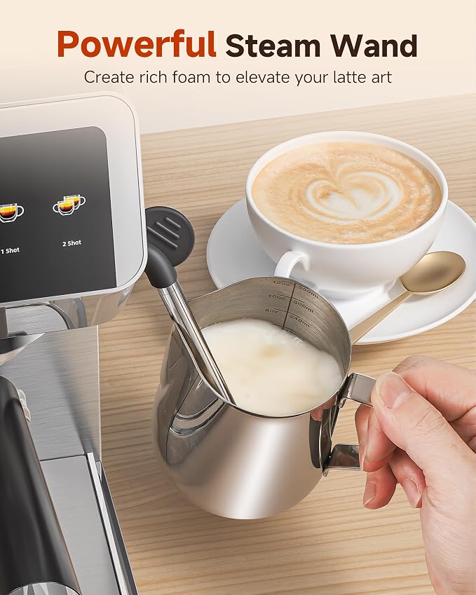 AMZCHEF Espresso Machine With Grinder, Temp Control, 44 Grind Settings | Hot & Cold Brew, Cappuccinos & Lattes, Built-in Grinder, Milk Frother, Touch Screen, Easy to Clean, Compact Design, Silver - Image 9
