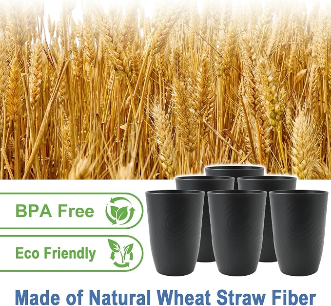 Wheat Straw Cups 6 Pcs, 16 OZ Plastic Drinking Cups, Unbreakable Plastic Drinking Glasses, Alternative to Plastic Cups Reusable, Dishwasher Safe Kitchen Cups for Party, Bathroom, RV (Black) - Image 2