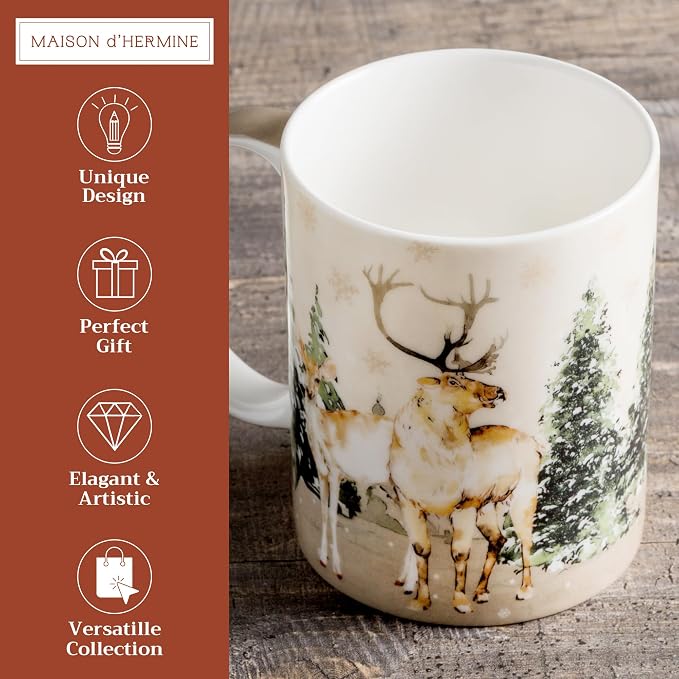 Maison d' Hermine Coffee Mug with Handles Tea Cups (12 Ounce, Pack of 1) | Fine Bone China Coffee Mugs for Hot Beverages Cappuccino Latte Home Hotel Spring Summer -Deer In The Woods - Forest Deer - Image 2