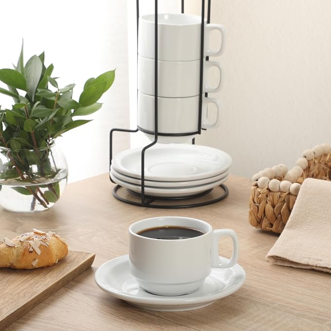 Gibson Home Gracious Dining 7-Ounce Cappuccino Cups Set of 4, Stackable Coffee Cups with 4 Saucers, Metal Stand, Coffee Mugs for Latte, Café, Mocha, Tea - Image 2