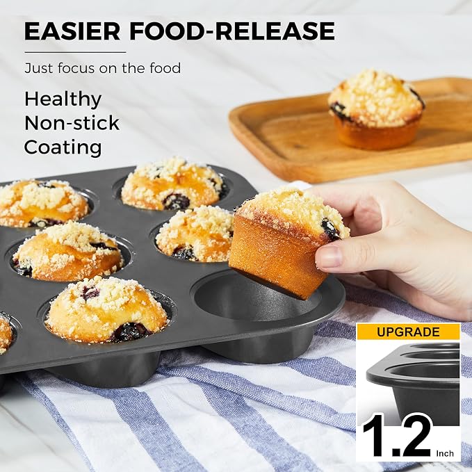 Muffin Pan for Baking, Nonstick Cupcake Tin 12 Cup, 2 Pack Cup Cake Tray, Premium Cheesecake Pans, Dishwasher Safe - Dark Grey - Image 2