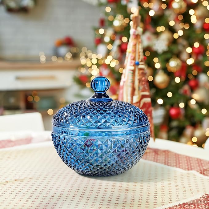 Joeyan 12 oz Small Blue Glass Jewelry Box Jars with Lid,Embossed Glass Candy Dishes,Diamond Faceted Food Container,Decorative Apothecary Canisters,Colored Kitchen Bathroom Buffet Storage Organizer - Image 5