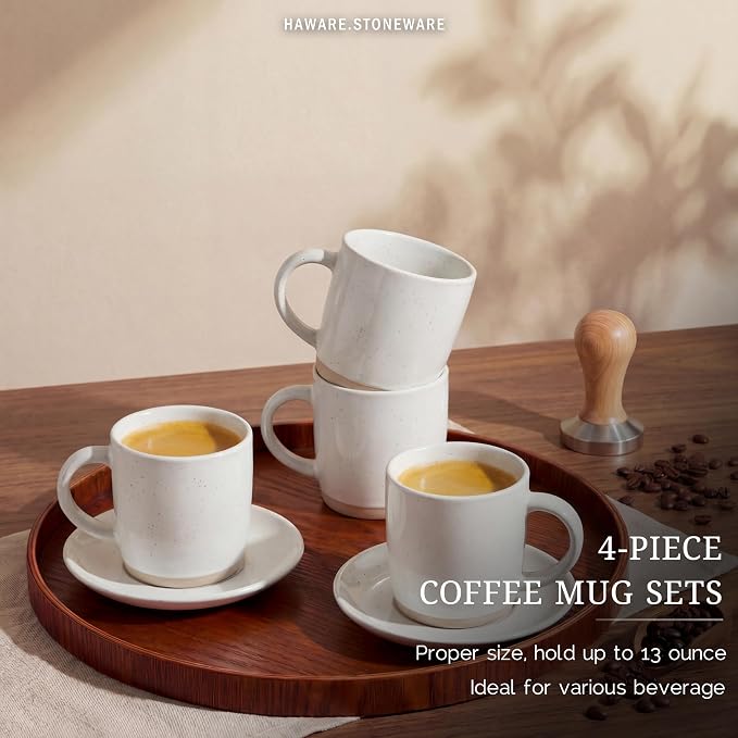 HaWare 13OZ Coffee Mugs Set of 4, Stoneware Coffee Cups | Ceramic Latte Mug for Man, Woman, Dad, Mom, for Latte/Cappuccino/Cocoa/Milk, Dishwasher& Microwave Safe, Speckled Milky White - Image 3