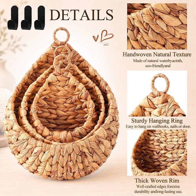 Honeydak Boho Decor Hanging Wall Baskets for Kitchen 3 Pack Teardrop Baskets with Hooks Storage Fruit Onion Vegetable Potato for Home 3 Sizes(Water Hyacinth,Teardrop,Jute) - Image 3