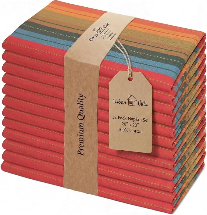 Urban Villa Cloth Napkins Cotton 20x20 (Set of 12) Red Stripes by CottonTrends