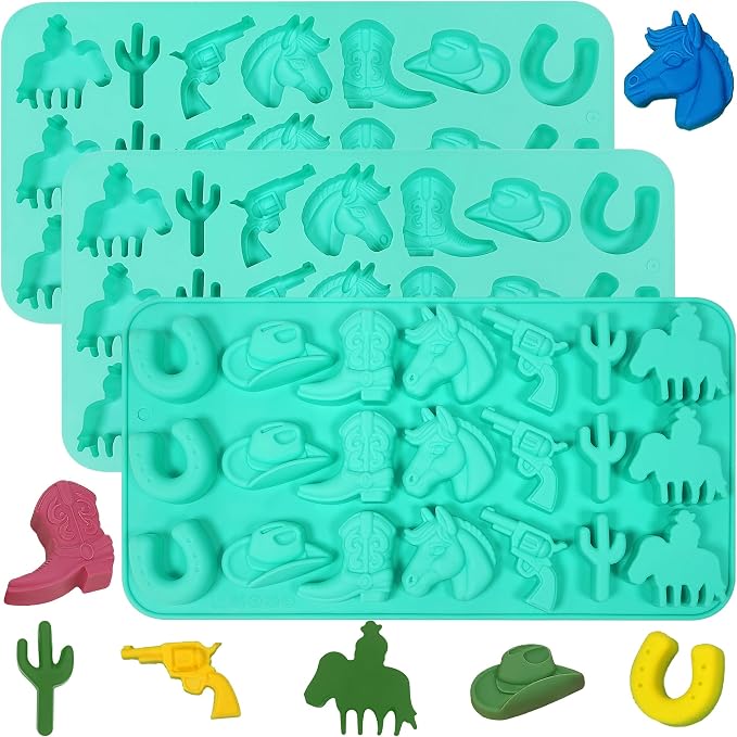 Zorazio Cowboy Chocolate Molds, Western Themed Silicone Chocolate Molds with Cowboy Hat, Boot, Cactus & Horse, Cowboy Silicone Baking Molds for Candy, Ice Cube, Cupcake, Cake Decoration, 3Pack by Zorazio