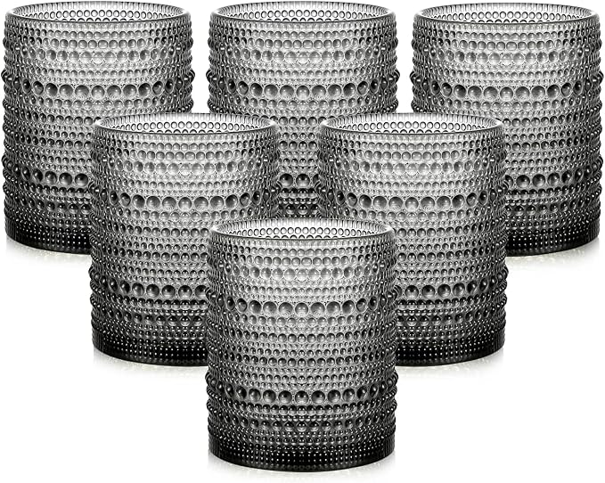 ZMOWIPDL Drinking Glasses Set of 6,12oz Grey Hobnail Glass Cups | Vintage Glassware，Embossed Water Tumbler,for Beer,Cocktail,Whiskey,Juice and Various Mixed Drinks- 1 Cleaning Brush by ZMOWIPDL