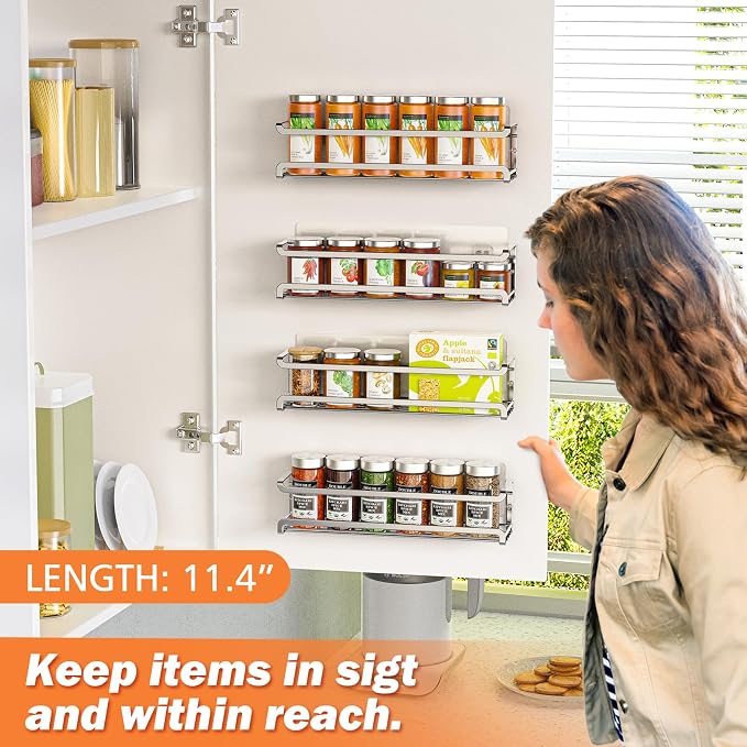 Bunoxea Spice Rack Wall Mounted 4 Pack, Chrome,For Spice Jars & Seasonings | 4 Removalble Hooks,Screw or Adhesive Hanging, Space-Saving,For Kitchen Cabinet, Pantry Door,Stove,RV Use,11.41x2.75x2.75in - Image 2