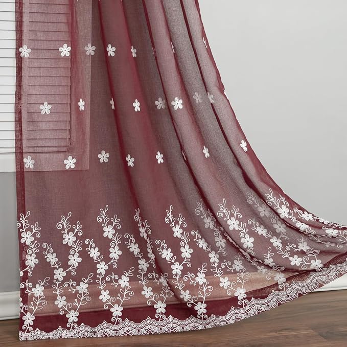 Red Sheer Curtains 84 Inches Long 2 Panels, White Floral Pattern Drapes for Living Room, Light Filtering Rod Pocket Window Treatments for Office, 54 x 84 Inches by VOGOL