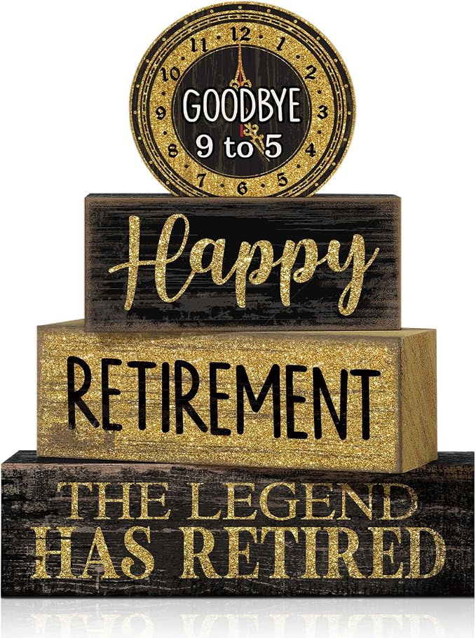 Moucuny 4 Pcs Retirement Party Decorations Happy Retirement Table Decor Black and Gold Goodbye Centerpieces for Tables Decorative Clock Block Signs Gift for Retired Party Supplies Men and Women by Moucuny