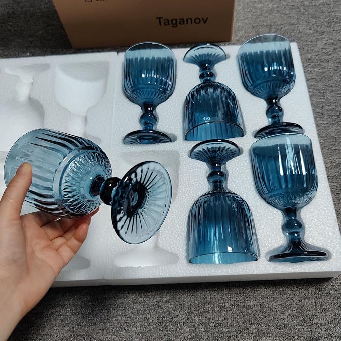 Taganov Blue Glasses Drinking Wine Water Goblets set of 6 Colored Stemware Vintage Glassware 11 ounce for Wedding Party Bar Vertical Embossed Pattern Stemmed Cups 330 ml - Image 5