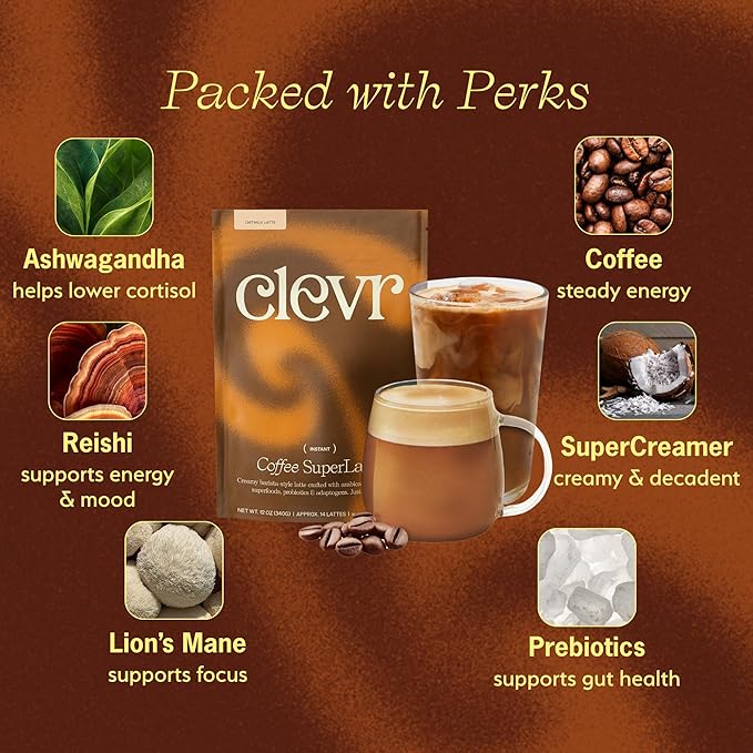 Clevr Blends Mushroom Coffee Latte, Instant Powder with Oat Milk, Lions Mane, Reishi Mushroom, Arabica Coffee Beans Medium Roast Fair Trade, Coconut Cream, Ashwagandha, Serve Hot or Iced, (14 Lattes)