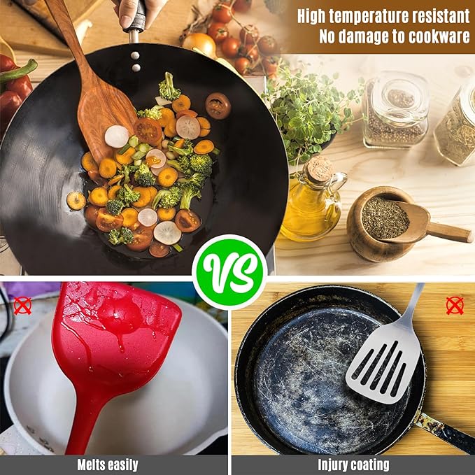 Wooden Kitchen Utensil Set, 5 PCS Natural Teak Wooden Spoons for Cooking | Wooden Spoons for Cooking with Comfort Grip, Smooth Durable Heat Resistant Cooking Spoons and Cooking Utensils for Cooking - Image 3