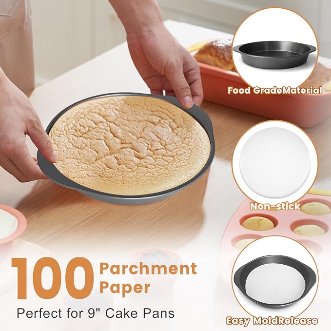 BEWOS 9 Inch Cake Pan Set - 100 Pcs Parchment Paper With 3 Pcs Carbon Steel Round Cake Pans, Nonstick Baking Pans Set With Handle, Dishwasher Safe - Image 7