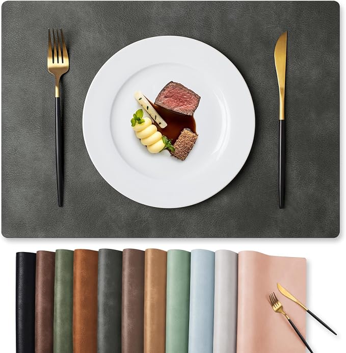 MOSAYT Vinyl Placemats Set of 6-12 X 17 Inch - Faux Leather 100% Waterproof Oil-Proof Wipeable PU Place Mats, Heat Resistant Reversible Table Mats for Kitchen, Dining, Outdoor, Dark Grey by MOSAYT