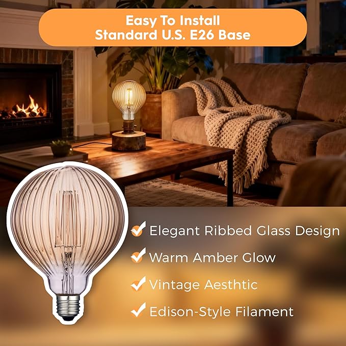 G125 LED Filament Bulb,4W Dimmable E26,2200K Amber Glass,4 Pack | Decorative Oversized Edison Bulb, Squirrel Cage Filament, Dim, For Indoor & Outdoor Cafe, Hotel, Kitchen & Dining Room Decor - Image 5