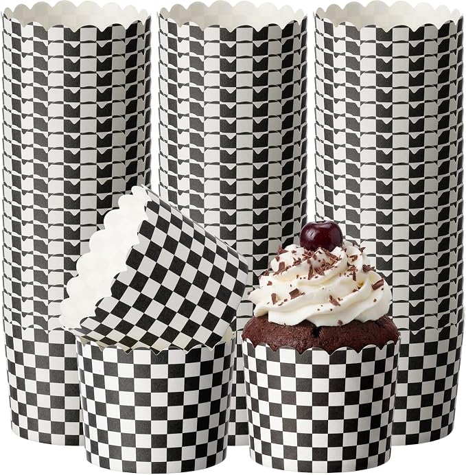 Qinyoung 150 Pcs Race Car Checkered Cupcake Wrappers Liners Black and White Paper Baking Cup Greaseproof Disposable Scalloped Checkered Flag Muffin Case for Racing Car Birthday Party Baby Shower Decor by Qinyoung