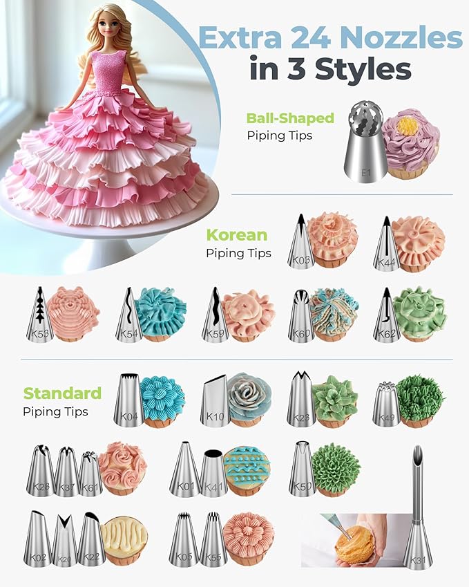 Kootek 90Pcs Russian Piping Tips Set, Piping Bags and Tips Set with 25 Russian Tips, 23 Icing Tips, 1 Ball Tip, 30+1 Pastry Bags, 3 Couplers, 4 Bag Ties for Cake Decorating, Cupcake, Cookie, Baking